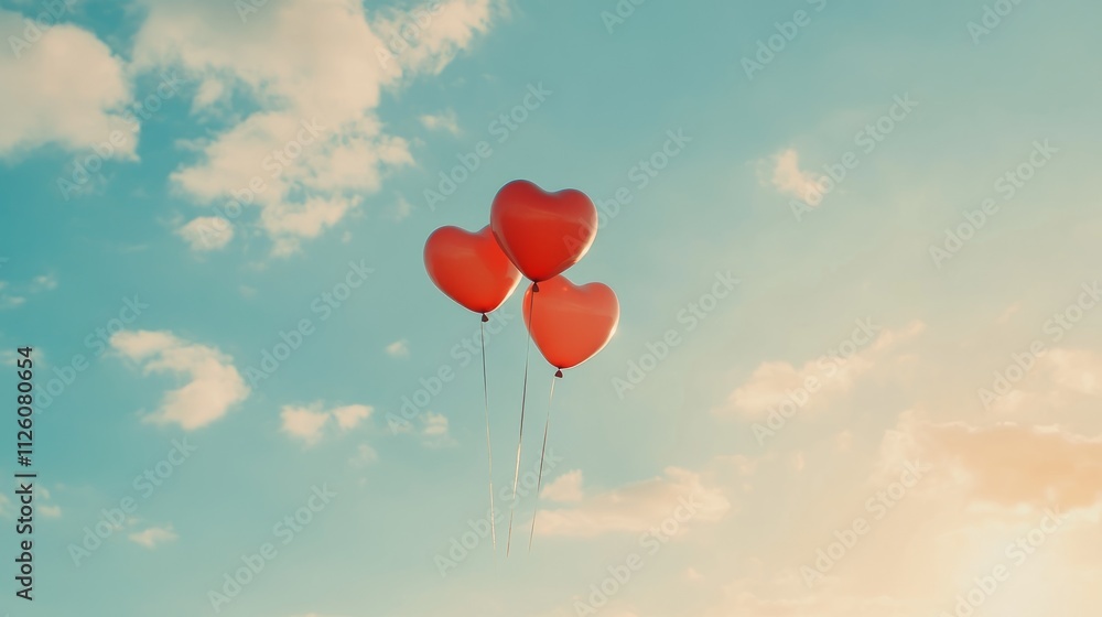 Heart-shaped balloons float in the sky, symbolizing love on Valentine's Day at sunset Heart-shaped balloons float in the sky, symbolizing love on Valentine's Day at sunset