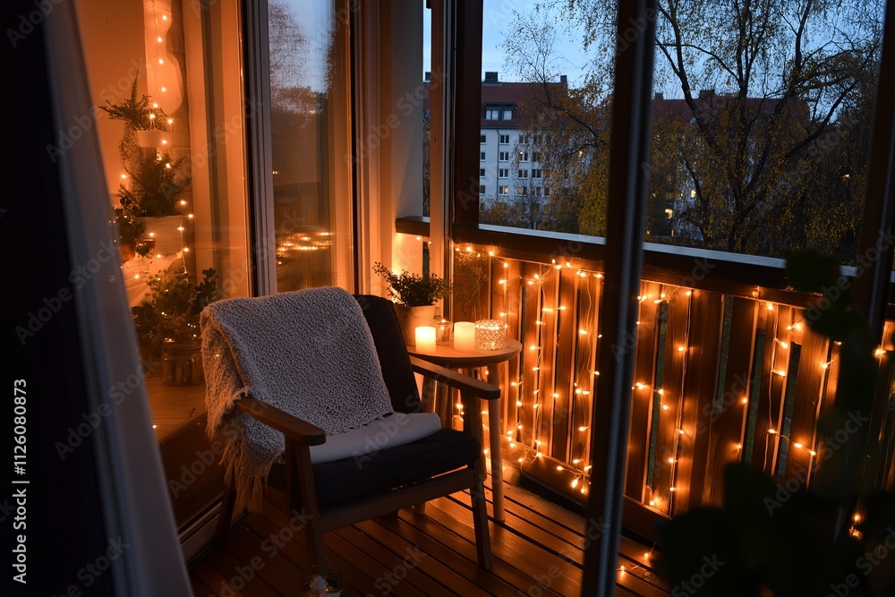 A small balcony with wooden flooring, a simple chair, and fairy lights A small balcony with wooden flooring, a simple chair, and fairy lights