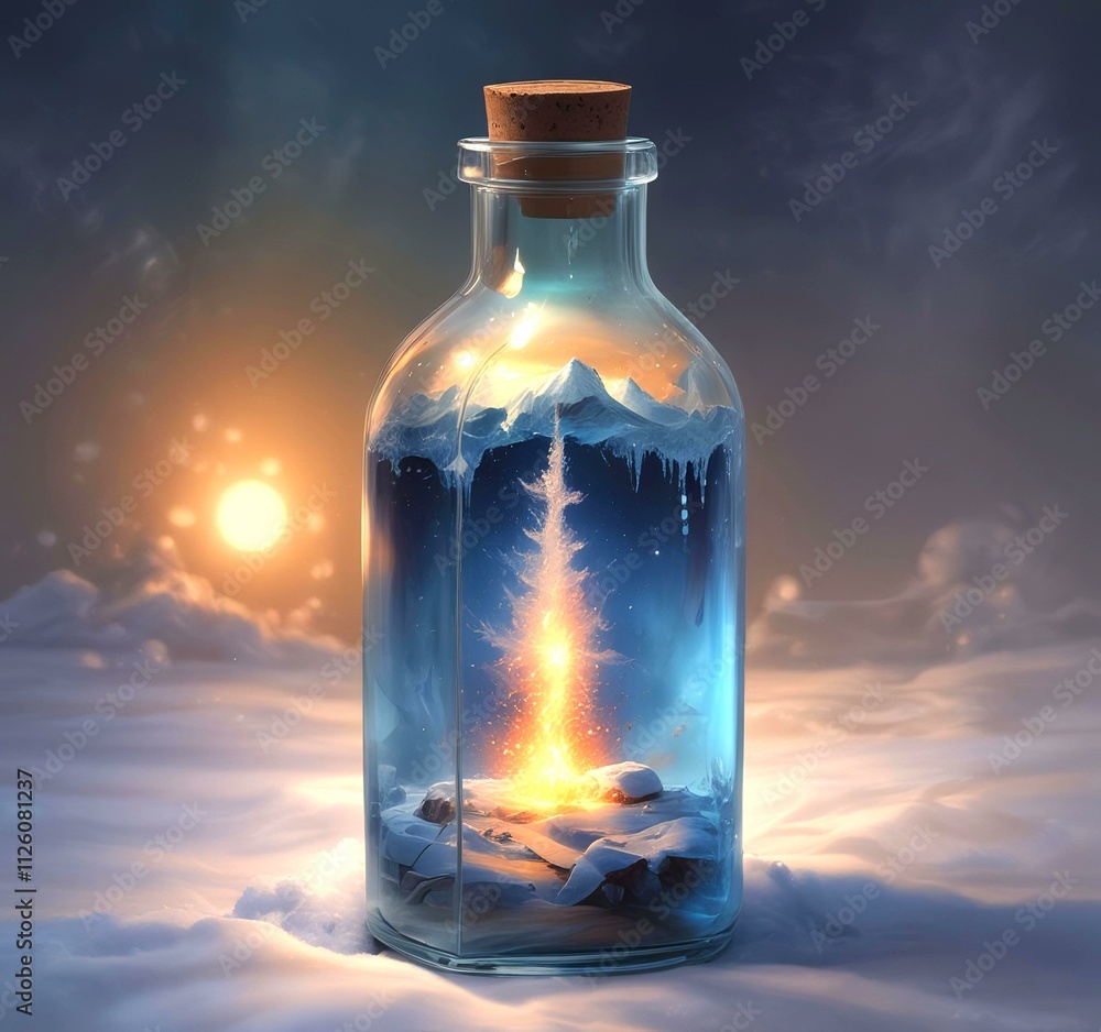 Illustration of bottle with magic spark inside. Illustration of bottle with magic spark inside.