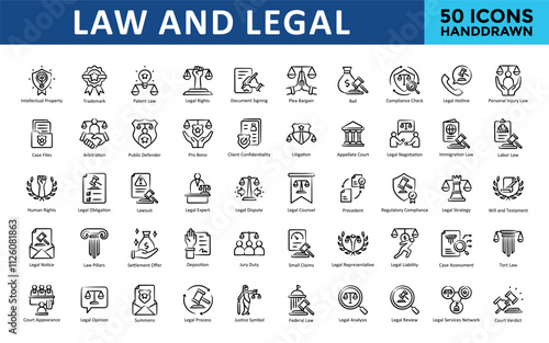 Law and Legal icons set with intellectual property, trademark, patent law, legal rights, document signing, plea bargain, bail, compliance check, legal hotline icon. Simple handdrawn vector 
