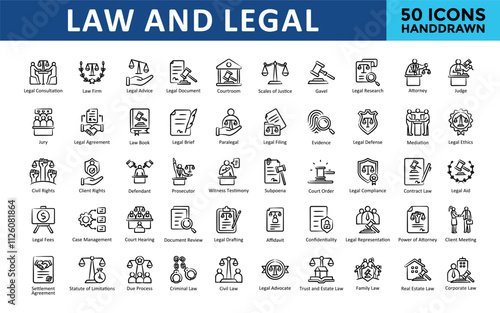 Law and Legal icons set with legal consultation, law firm, legal advice, legal document, courtroom, scales of justice, gavel, legal research, attorney, judge icon. Simple handdrawn vector 
