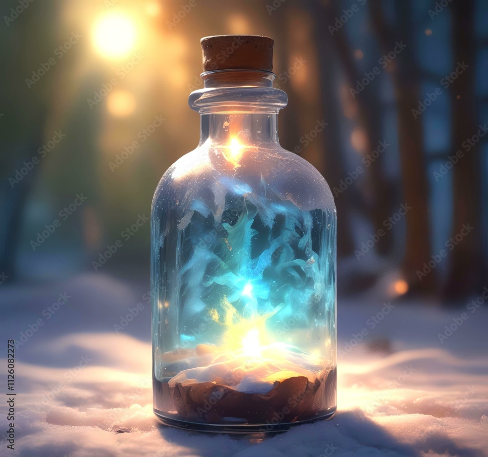Illustration of bottle with magic spark inside. Illustration of bottle with magic spark inside.
