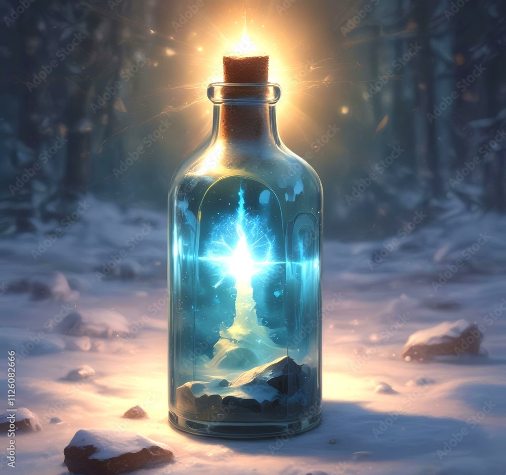 Illustration of bottle with magic spark inside. Illustration of bottle with magic spark inside.