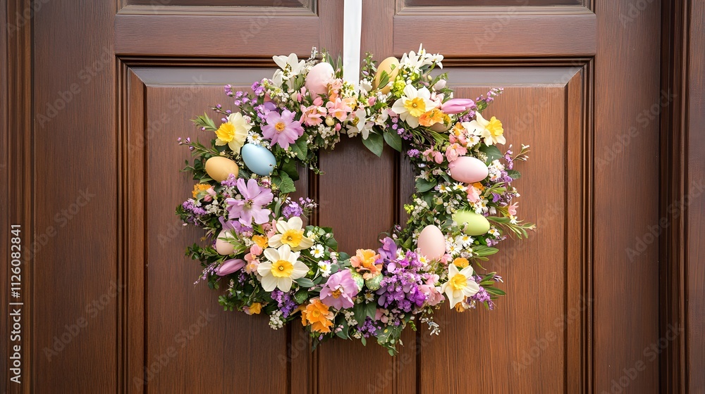 Fototapeta premium Festive Easter wreath adorned with spring flowers and colorful eggs hanging on a classic wooden door in bright sunlight