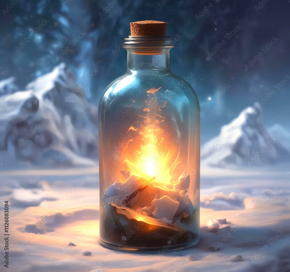 Illustration of bottle with magic spark inside. Illustration of bottle with magic spark inside.