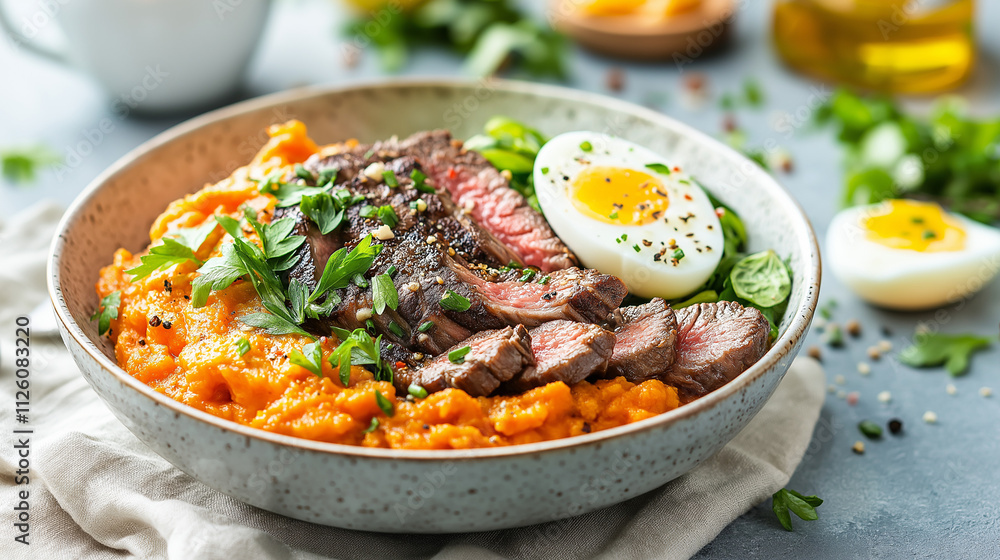 Steak and Sweet Potato Bowl: A hearty and healthy meal featuring sliced steak, creamy sweet potato mash, a soft-boiled egg, and vibrant greens. Perfect for a balanced and delicious lunch or dinner. Steak and Sweet Potato Bowl: A hearty and healthy meal featuring sliced steak, creamy sweet potato mash, a soft-boiled egg, and vibrant greens. Perfect for a balanced and delicious lunch or dinner.