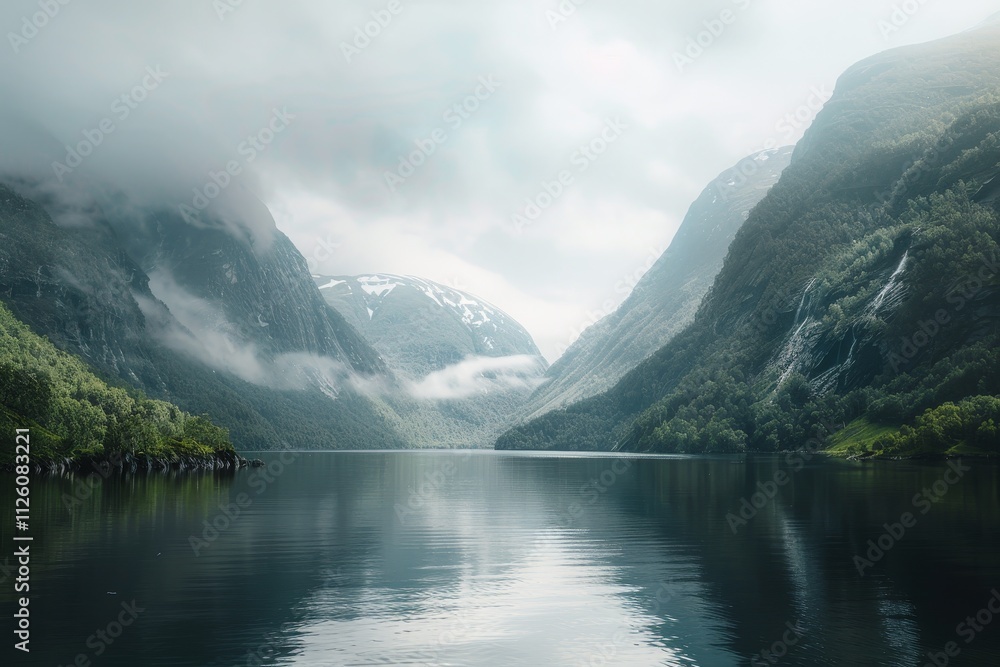 Fototapeta premium A tranquil fjord reveals calm waters, surrounded by misty peaks and verdant forests under a cloudy sky, creating a serene ambiance in nature's embrace.