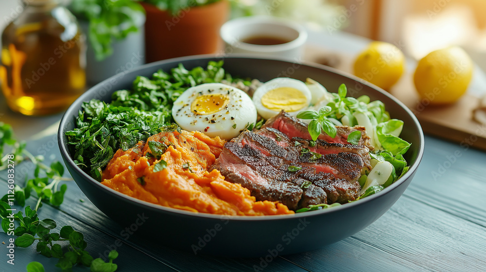Steak and Sweet Potato Bowl: A vibrant and healthy meal featuring grilled steak, sweet potato puree, a soft-boiled egg, and fresh greens. Steak and Sweet Potato Bowl: A vibrant and healthy meal featuring grilled steak, sweet potato puree, a soft-boiled egg, and fresh greens.