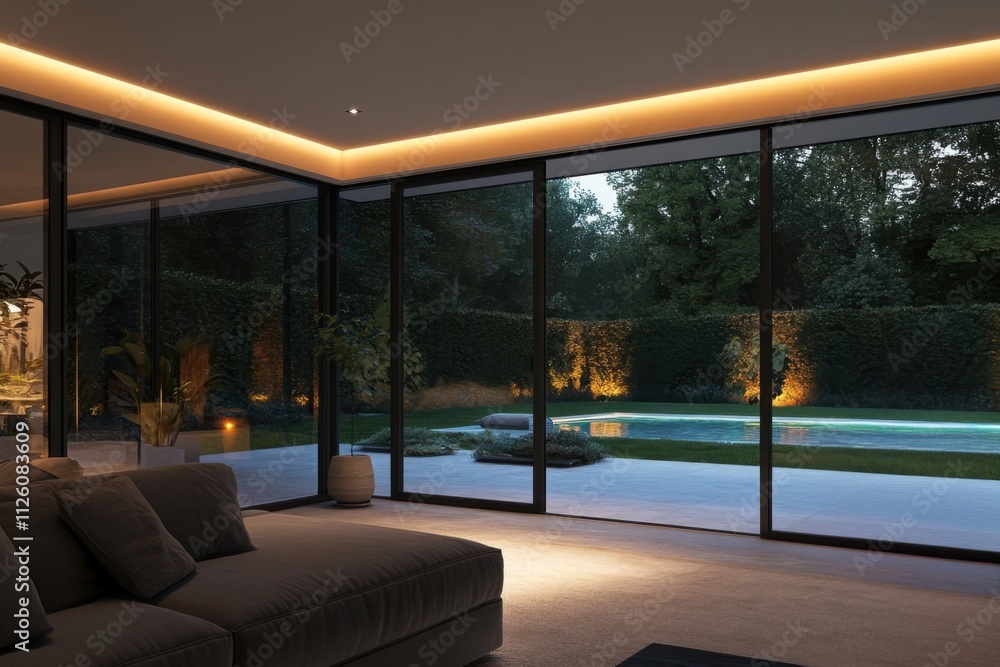 Fototapeta premium Modern Living Room Overlooking Luxurious Pool View at Dusk