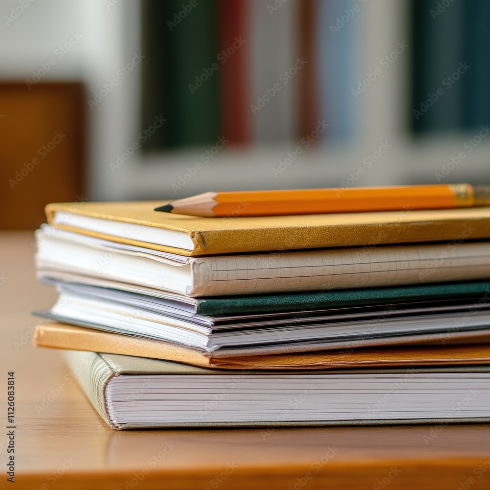Writing Essentials A Stack of Notebooks and Pencil Wooden Table Home Office Still Life Warm Atmosphere Creative Workspace Writing Essentials A Stack of Notebooks and Pencil Wooden Table Home Office Still Life Warm Atmosphere Creative Workspace