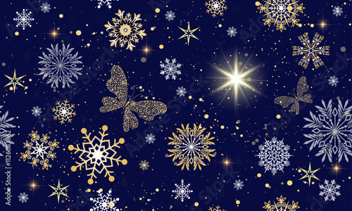 Vector Christmas hand drawn seamless pattern with doodle golden gradient snowflakes and star of bethlehem and bokeh on dark blue