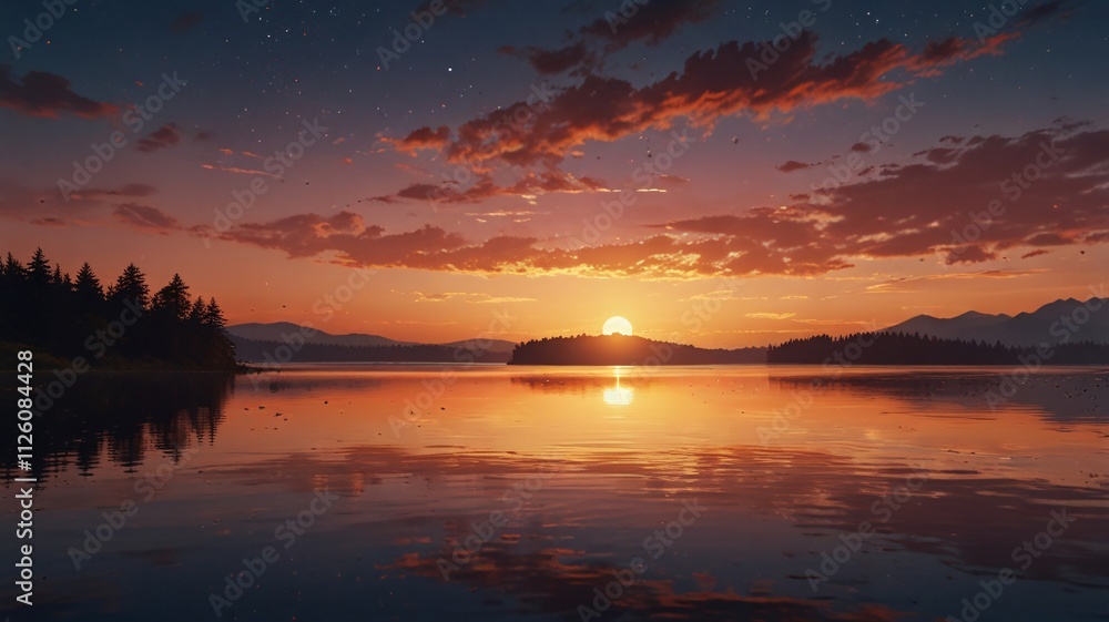 Fototapeta premium Tranquil Mountain Lake at Sunset with Golden Sky and Reflection V6
