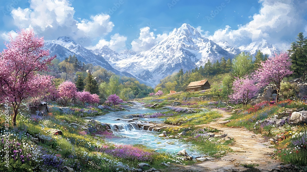Spring Mountain Cabin Landscape Peaceful River Blooming Flowers Spring Mountain Cabin Landscape Peaceful River Blooming Flowers
