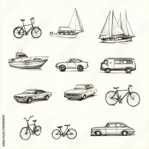 Sketch collection of vehicles bicycles, cars, boats, and sailboats. photo