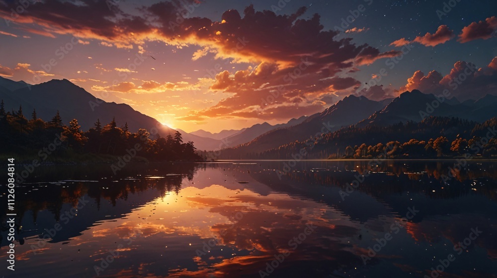Tranquil Mountain Lake at Sunset with Golden Sky and Reflection V5 Tranquil Mountain Lake at Sunset with Golden Sky and Reflection V5