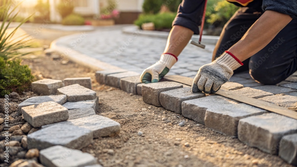 Serene Garden Path Installation with Stone Pavers and Sunlight V8 Serene Garden Path Installation with Stone Pavers and Sunlight V8