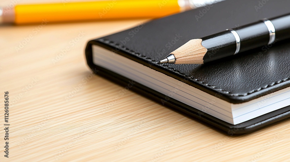 Black Notebook with Pencil on Wooden Table for Creative Ideas Black Notebook with Pencil on Wooden Table for Creative Ideas