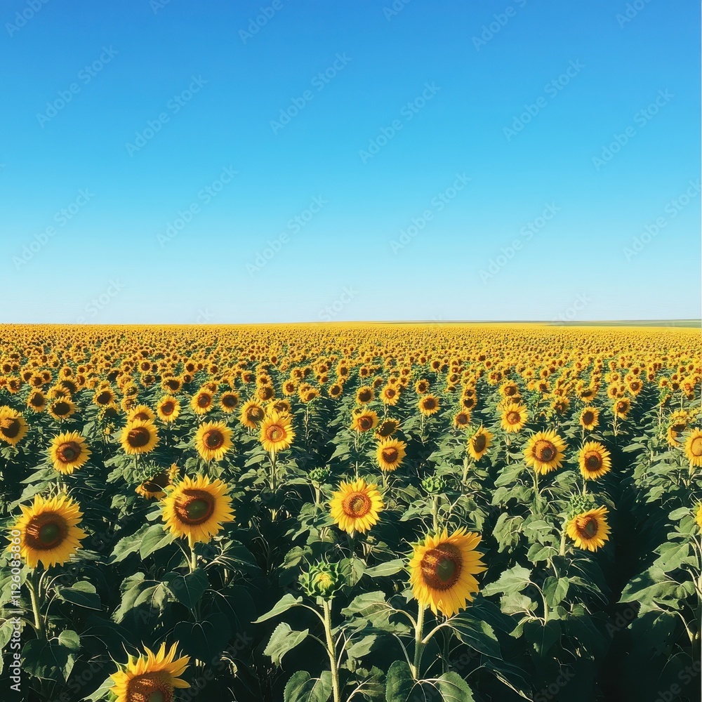 Fototapeta premium Endless Sunflower Field in Vibrant Bloom Rural Landscape Nature Bright Day Expansive Serenity and Beauty