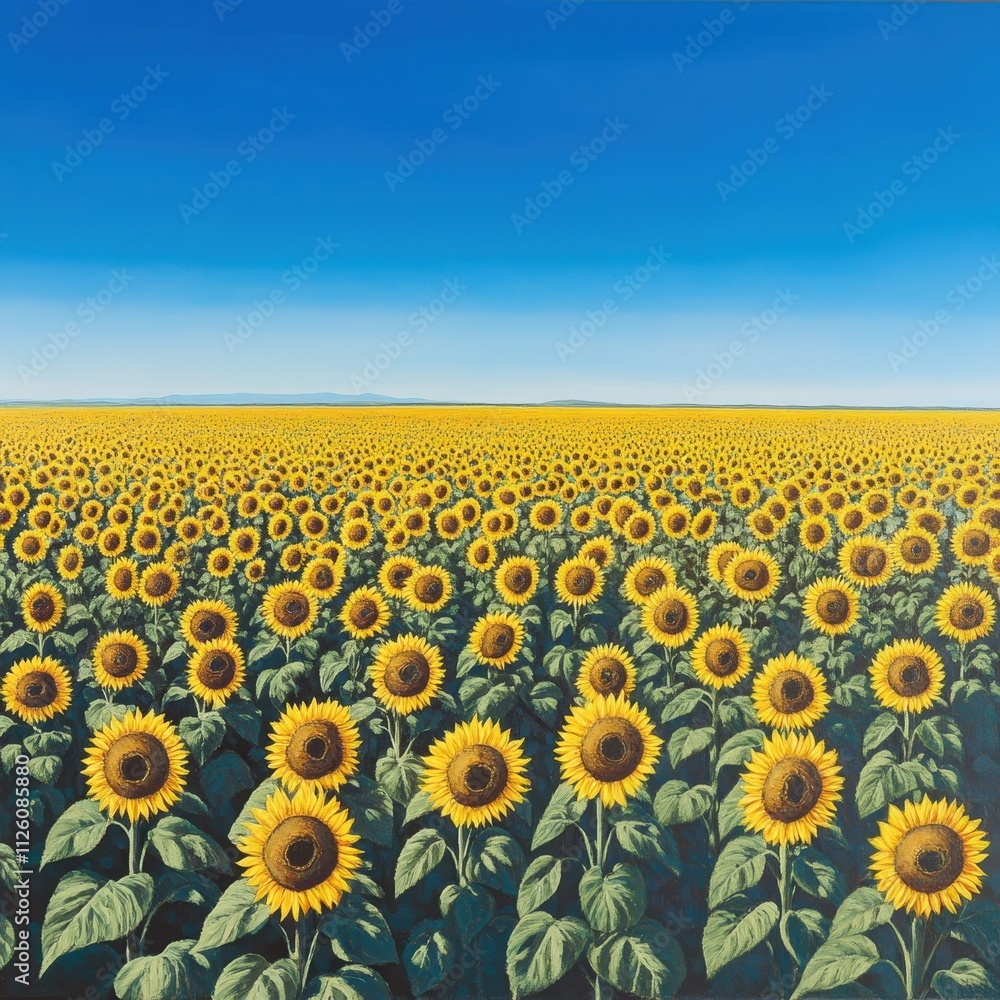 Fototapeta premium Vibrant Sunflower Field Under Clear Blue Sky Nature Scenic Landscape Endless Horizon Serene Environment
