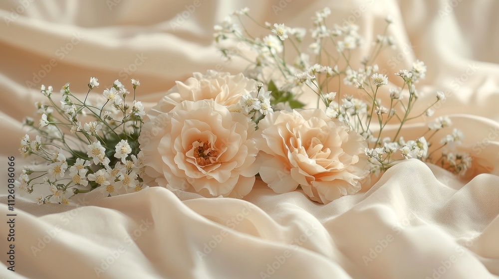 Soft petals of roses and tiny white flowers rest gently on luxurious beige cloth, creating a harmonious composition filled with elegance and calm, perfect for a tranquil setting Soft petals of roses and tiny white flowers rest gently on luxurious beige cloth, creating a harmonious composition filled with elegance and calm, perfect for a tranquil setting