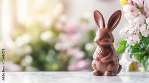 Chocolate Bunny on a Table with Flowers in a Bright Setting photo