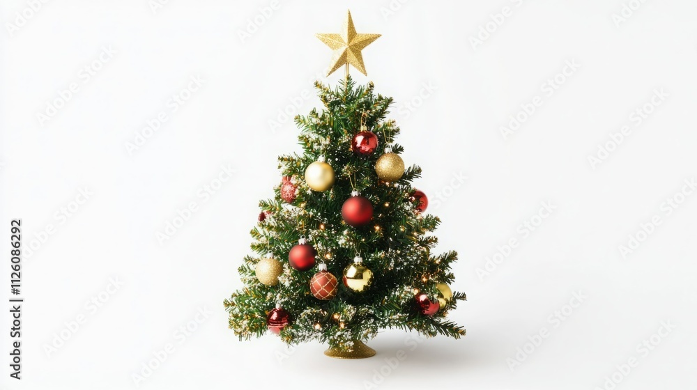 A festive Christmas tree adorned with red and gold ornaments, standing against a clean white backdrop. A festive Christmas tree adorned with red and gold ornaments, standing against a clean white backdrop.