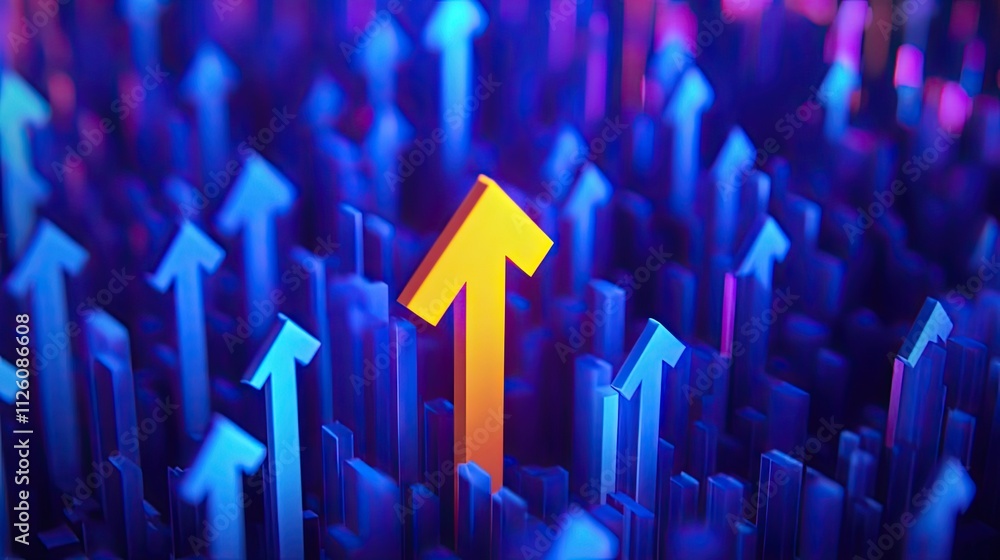 A single yellow arrow rises above many blue arrows A single yellow arrow rises above many blue arrows