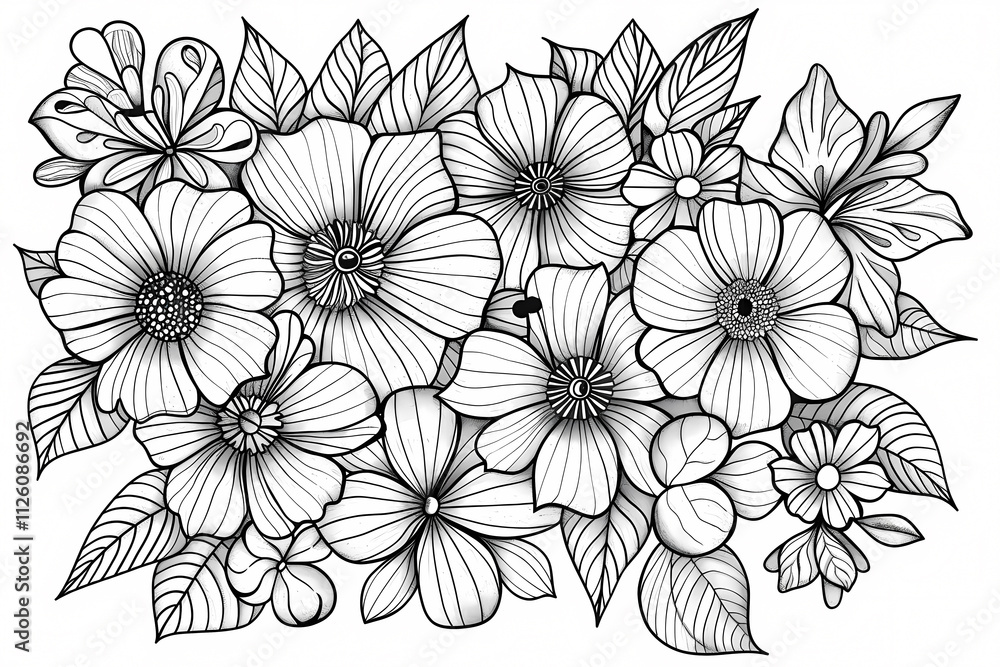 custom made wallpaper toronto digitalA detailed black and white illustration of various flowers and leaves, showcasing intricate patterns and designs perfect for coloring.