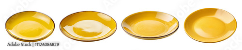 Four yellow ceramic plates, white isolated background.