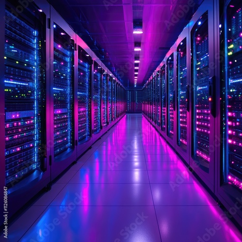 A vibrant data center corridor illuminated by colorful lights and server racks.