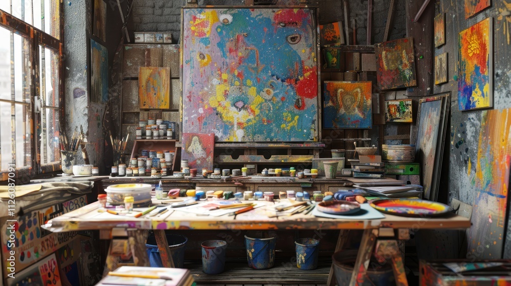 A vibrant artist's studio filled with colorful paintings and art supplies. A vibrant artist's studio filled with colorful paintings and art supplies.