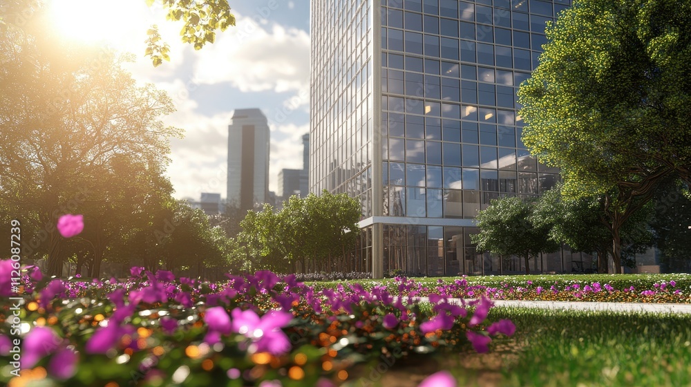 Fototapeta premium Vibrant Urban Oasis: Blooming Flowers and Skyscrapers