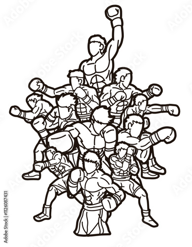 Outline Group of Boxer Boxing Sport Male Fighting Mix Action Cartoon Graphic Vector