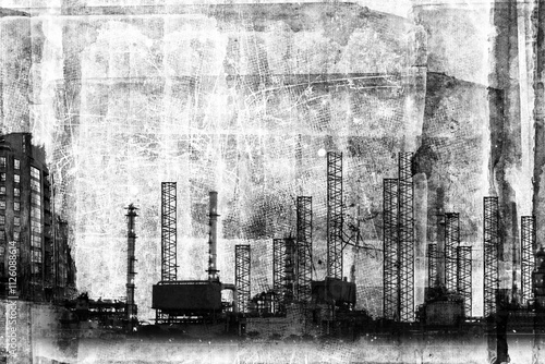 Industrial landscape with buildings and chimneys of the factory. Grunge scratch background. Black and white illustration