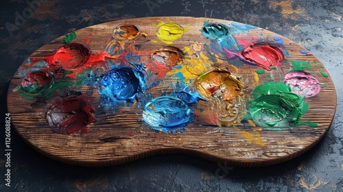 A wooden palette filled with vibrant paint colors for artistic creation. photo