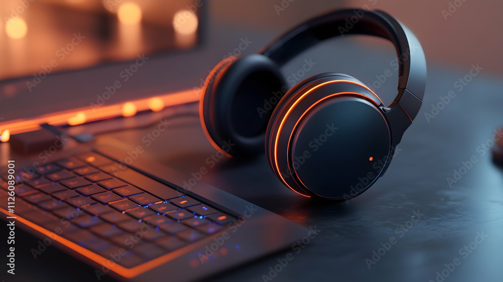 Modern Headphones Resting on a Laptop Keyboard in Warm Lighting Ambiance Modern Headphones Resting on a Laptop Keyboard in Warm Lighting Ambiance
