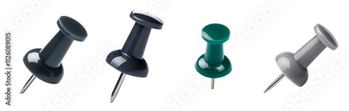 Collection of colorful push pins on a white isolated background.