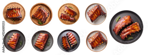 Delicious grilled ribs served on various plates with garnish.