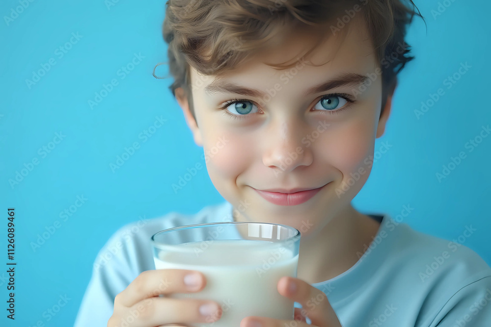 Portrait of boy holding cup of milk, isolated on blue background Portrait of boy holding cup of milk, isolated on blue background