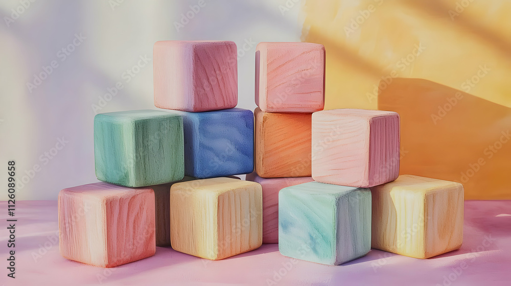 Pastel Wooden Blocks Stacked High in Sunlight Pastel Wooden Blocks Stacked High in Sunlight