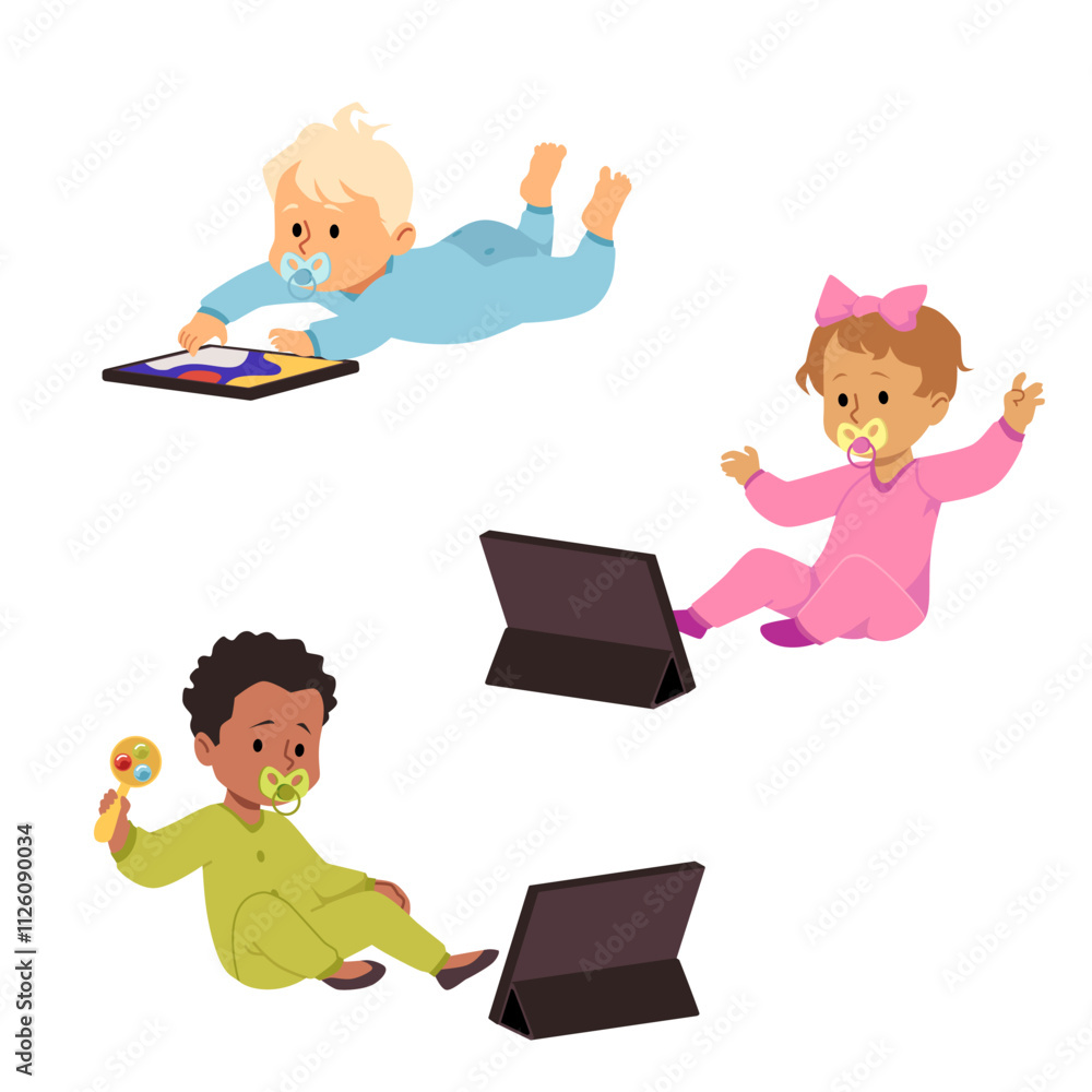 Veteran illustration with infant girl and boys playing an app on a tablet. Veteran illustration with infant girl and boys playing an app on a tablet.