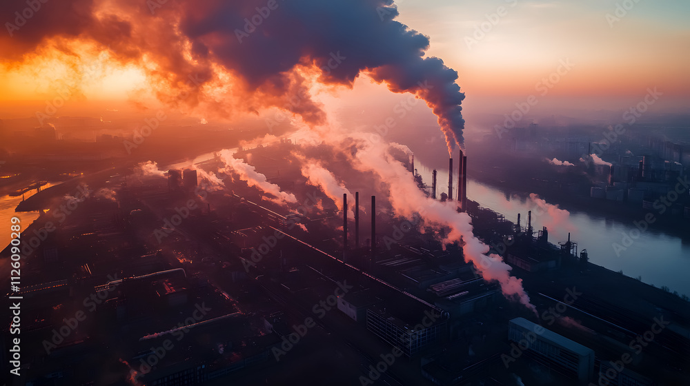 Fototapeta premium Aerial photography capturing a metallurgical plant at dawn, showcasing smoke and smog emissions.