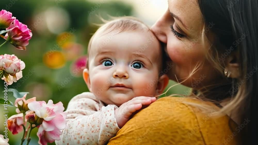 This image captures a tender moment between a mother and her baby in a vibrant garden. The atmosphere is filled with love and tranquility. A perfect image for family themes. Generative AI This image captures a tender moment between a mother and her baby in a vibrant garden. The atmosphere is filled with love and tranquility. A perfect image for family themes. Generative AI