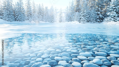 Winter Wonderland: Frozen River and Snow Covered Pines