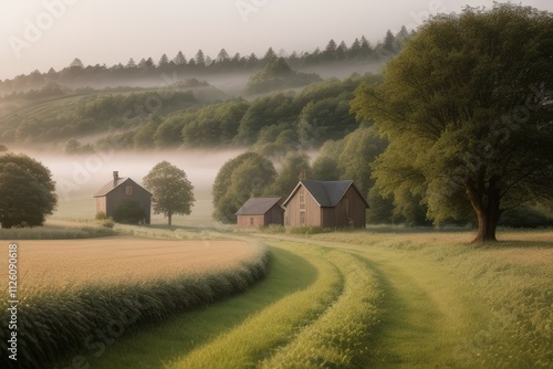 Misty Sunrise Over Rolling Farmlands: Idyllic Countryside Charm