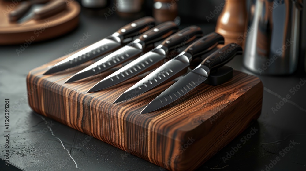 A set of kitchen knives displayed on a wooden block, showcasing their design and functionality. A set of kitchen knives displayed on a wooden block, showcasing their design and functionality.