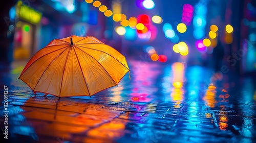 Wallpaper Mural Rainy Night Cityscape  Orange Umbrella on Wet Pavement Torontodigital.ca