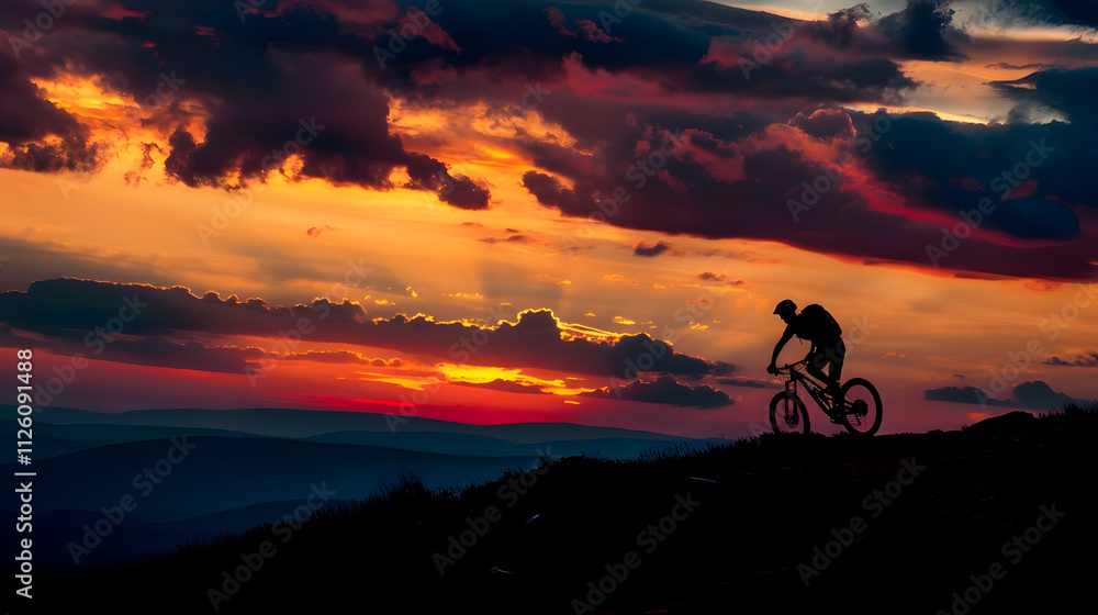 Fototapeta premium Silhouette of mountain biker riding at sunset.