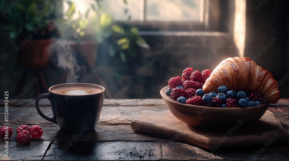 cozy breakfast with coffee and fresh berries cozy breakfast with coffee and fresh berries