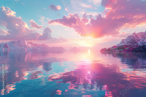 A breathtaking landscape of a serene seascape at sunset, reflecting vibrant pink and purple hues over calm waters.